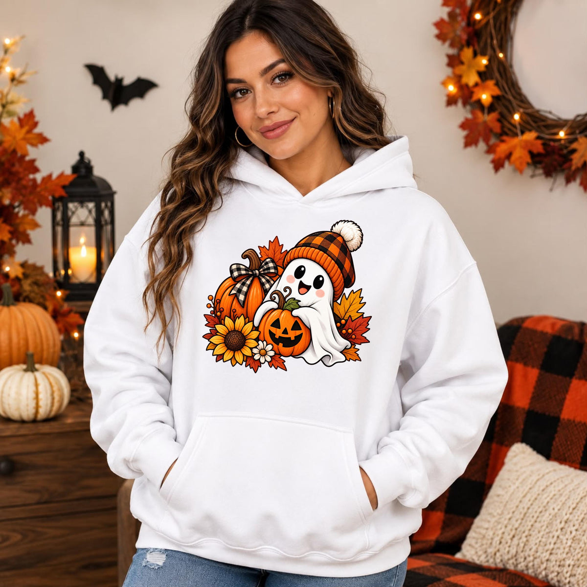 Ghost Pumpkin Halloween Hoodie, Spooky Season Pullover, Fall Design