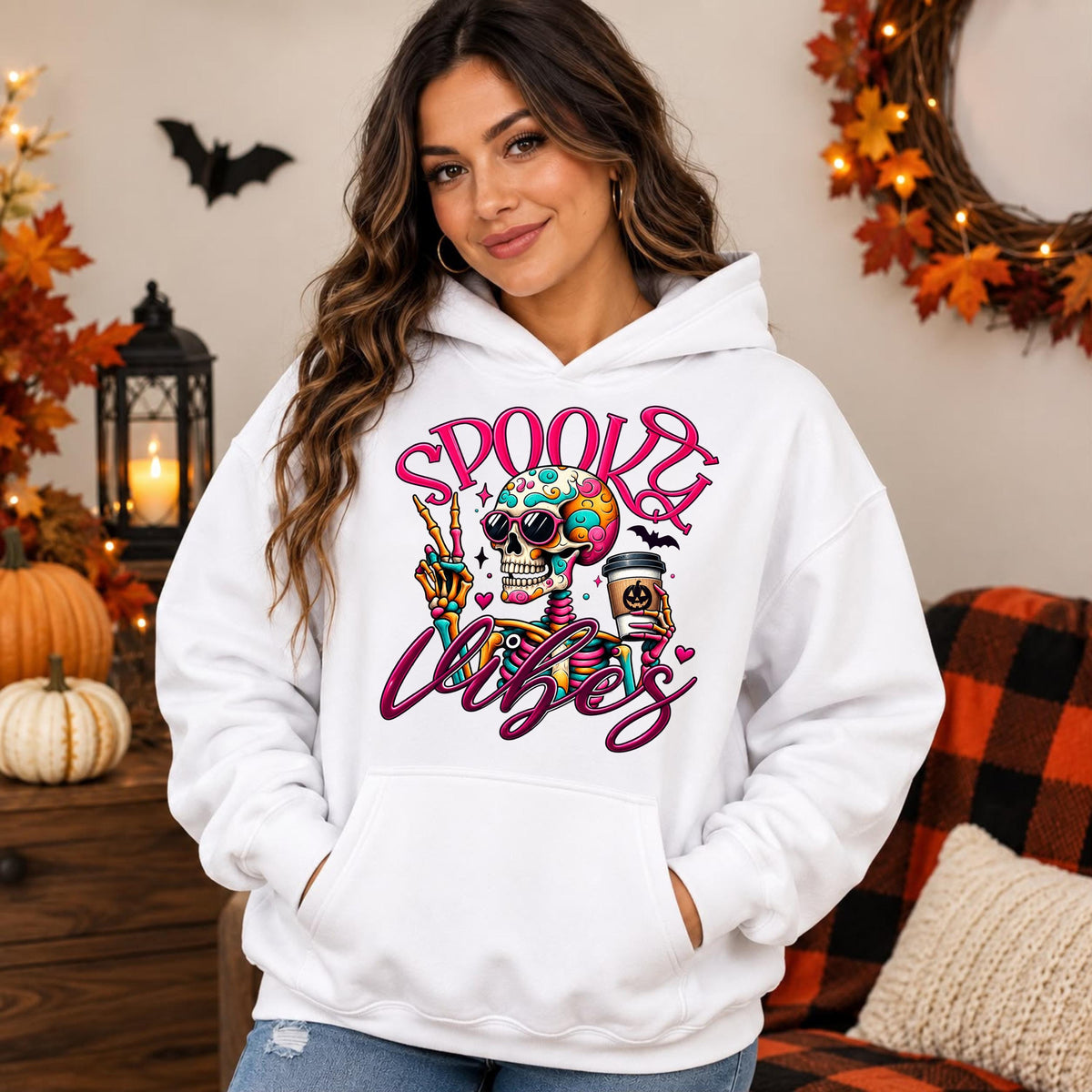 Spooky Skeleton Coffee Hoodie, Colorful Skull Graphic, Retro Goth Streetwear