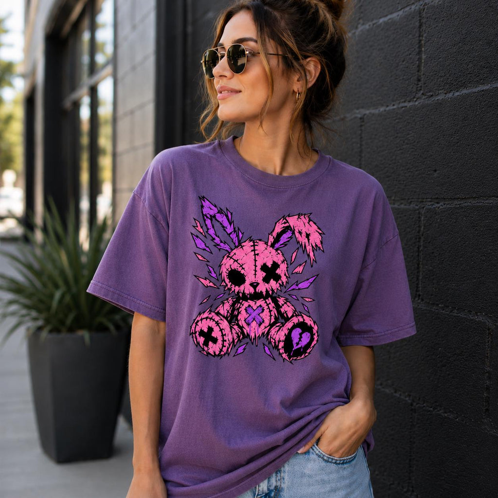 Pastel Ragdoll Skull Halloween Graphic Tee, Distressed Pink Gothic Design