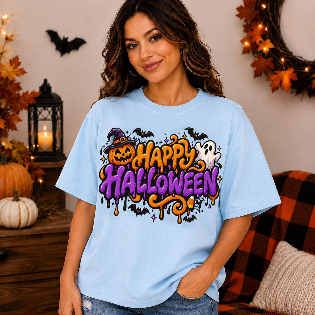 Happy Halloween Graphic Tee, Retro Ghost Pumpkin Shirt, Spooky Season Pullover