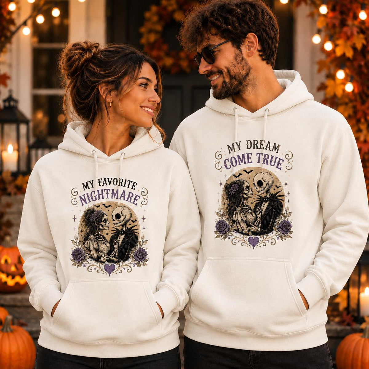 My Favorite Nightmare Couple Sweatshirt, Skeleton Love Hoodie, Gothic Halloween Pullover, Matching Couple Gift
