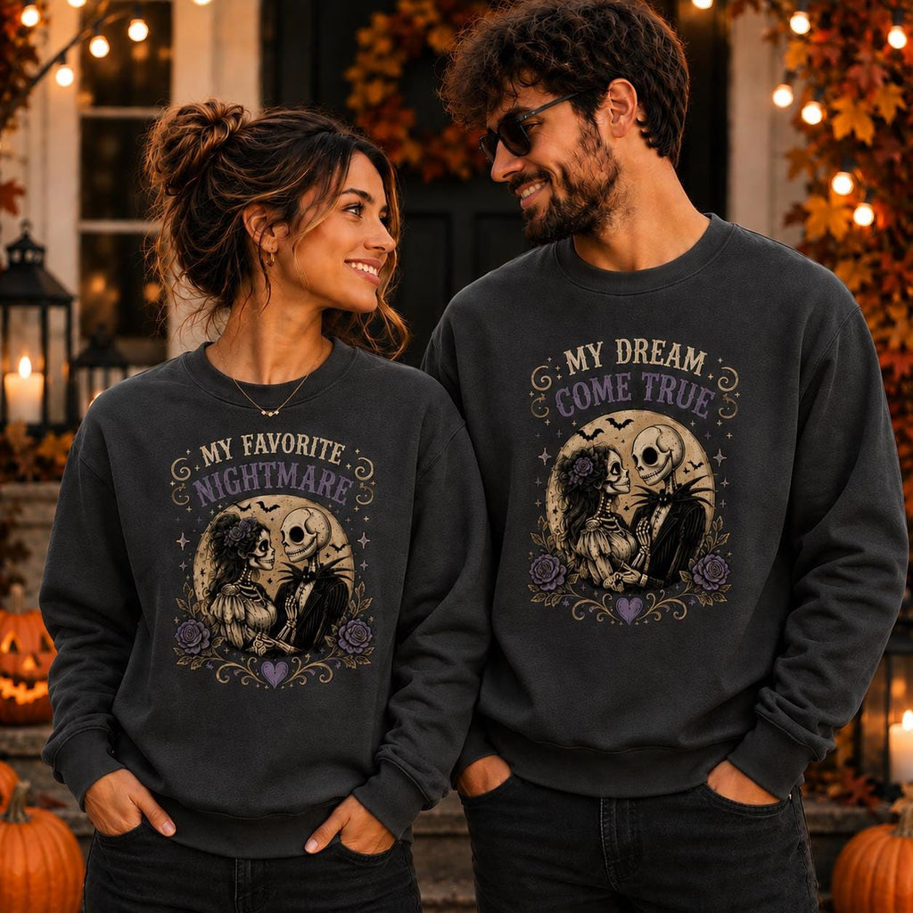 My Favorite Nightmare Couple Sweatshirt, Skeleton Love Hoodie, Gothic Halloween Pullover, Matching Couple Gift