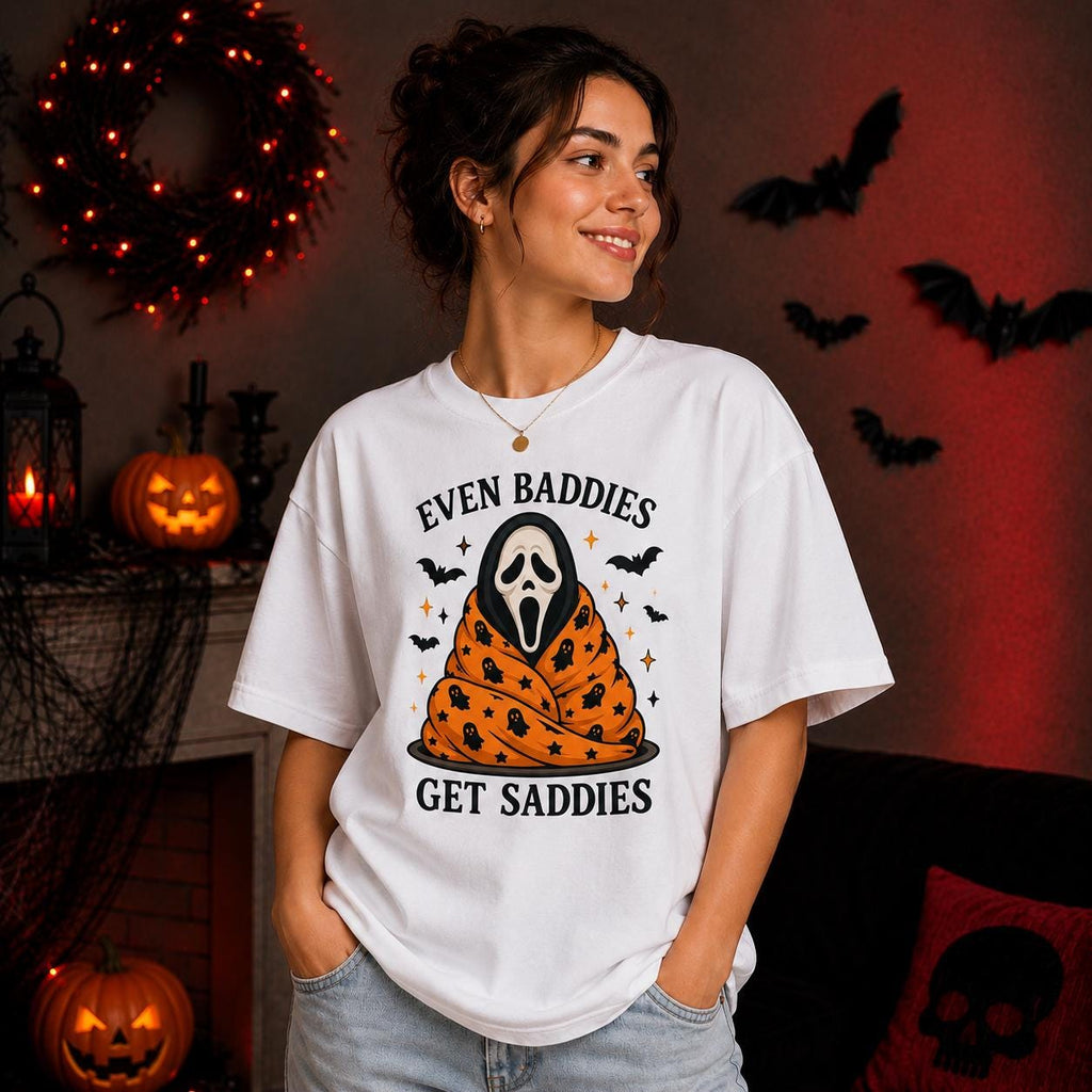Even Baddies Get Saddies Ghost Tee, Spooky Halloween Shirt, Gothic Humor Gift