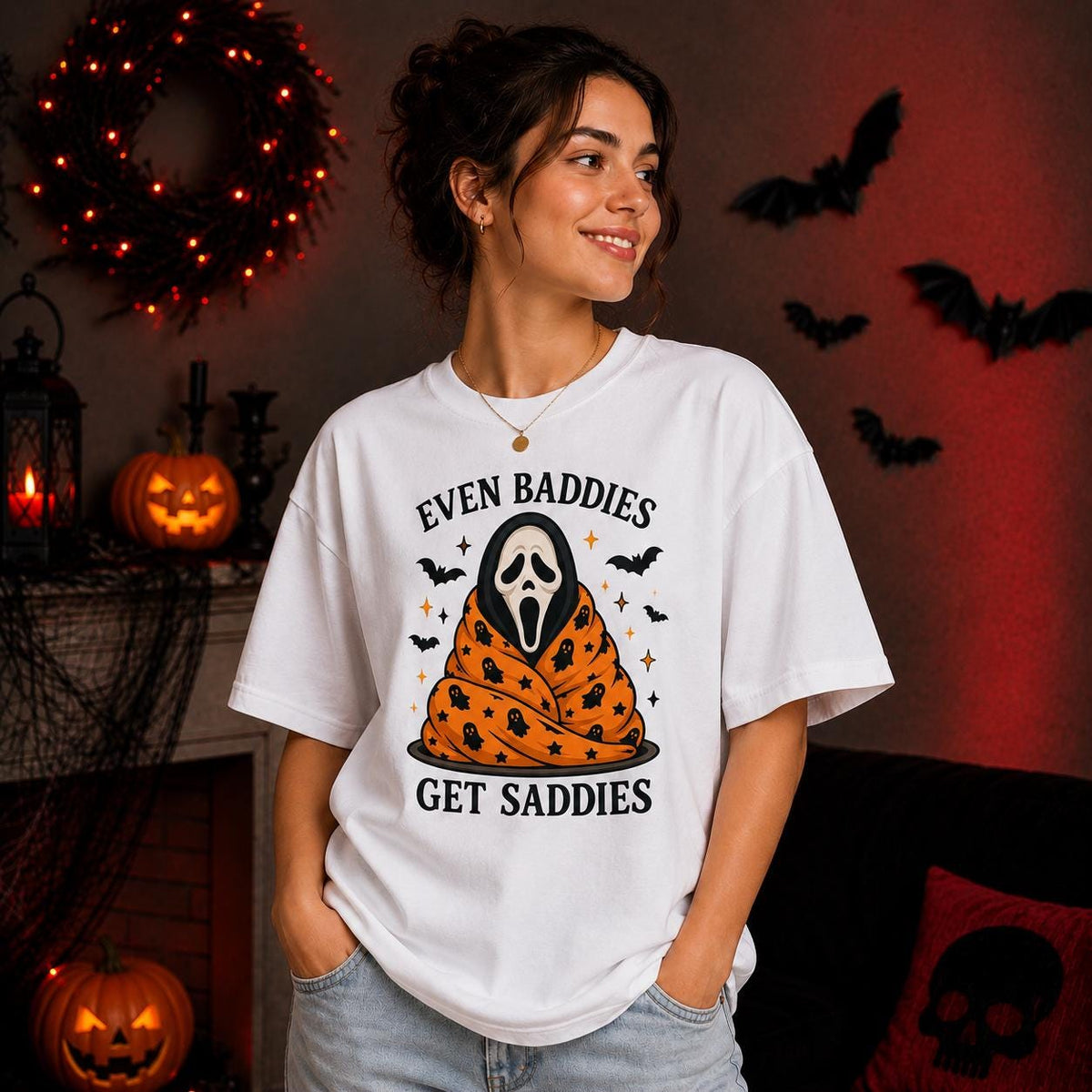 Even Baddies Get Saddies Ghost Tee, Spooky Halloween Shirt, Gothic Humor Gift