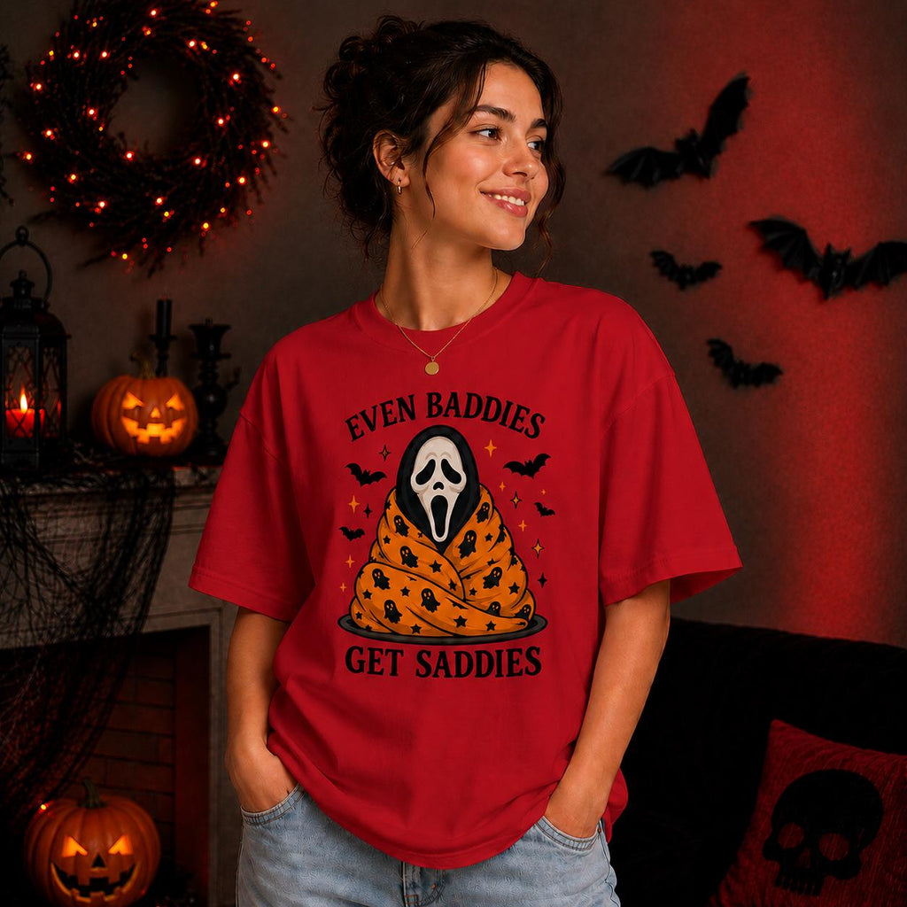 Even Baddies Get Saddies Ghost Tee, Spooky Halloween Shirt, Gothic Humor Gift