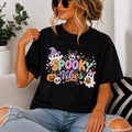 Spooky Vibes Ghost Graphic Tee, Retro Halloween Shirt, Pastel Spiders, Bats, Pumpkins