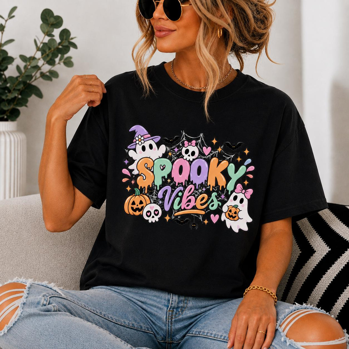 Spooky Vibes Ghost Graphic Tee, Retro Halloween Shirt, Pastel Spiders, Bats, Pumpkins