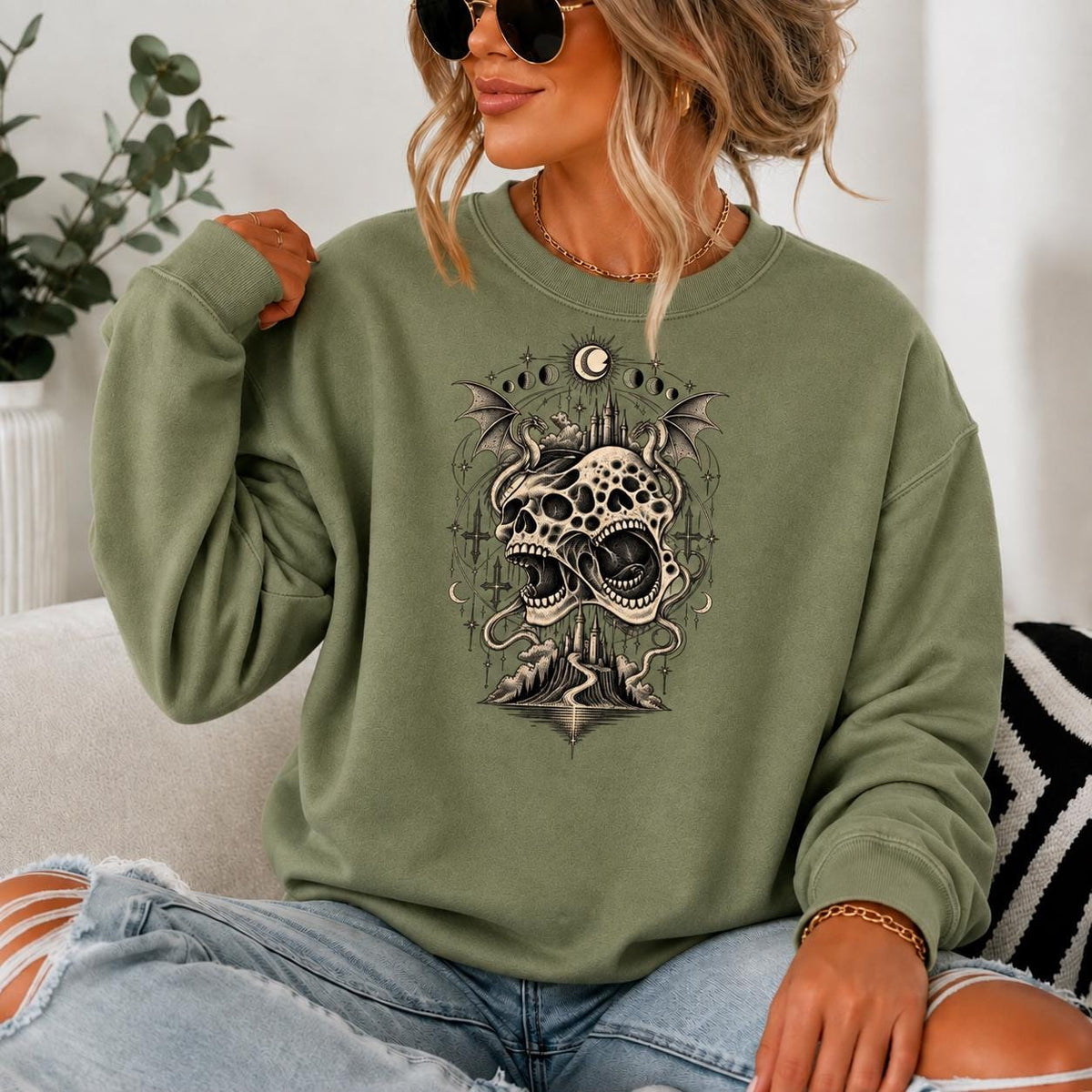 Gothic Winged Skull Hoodie, Celestial Horror Sweatshirt, Dark Fantasy Grunge Pullover