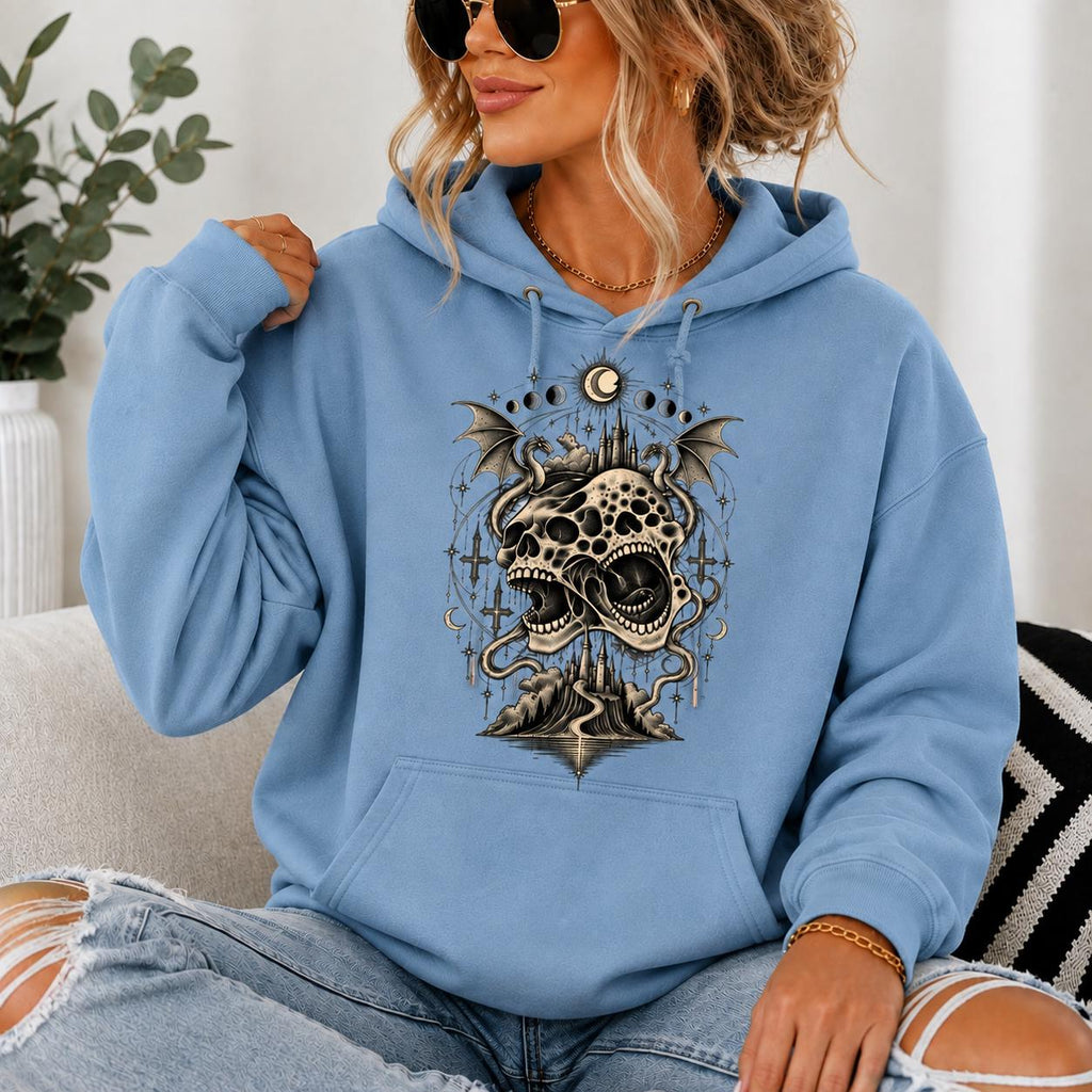 Gothic Winged Skull Hoodie, Celestial Horror Sweatshirt, Dark Fantasy Grunge Pullover