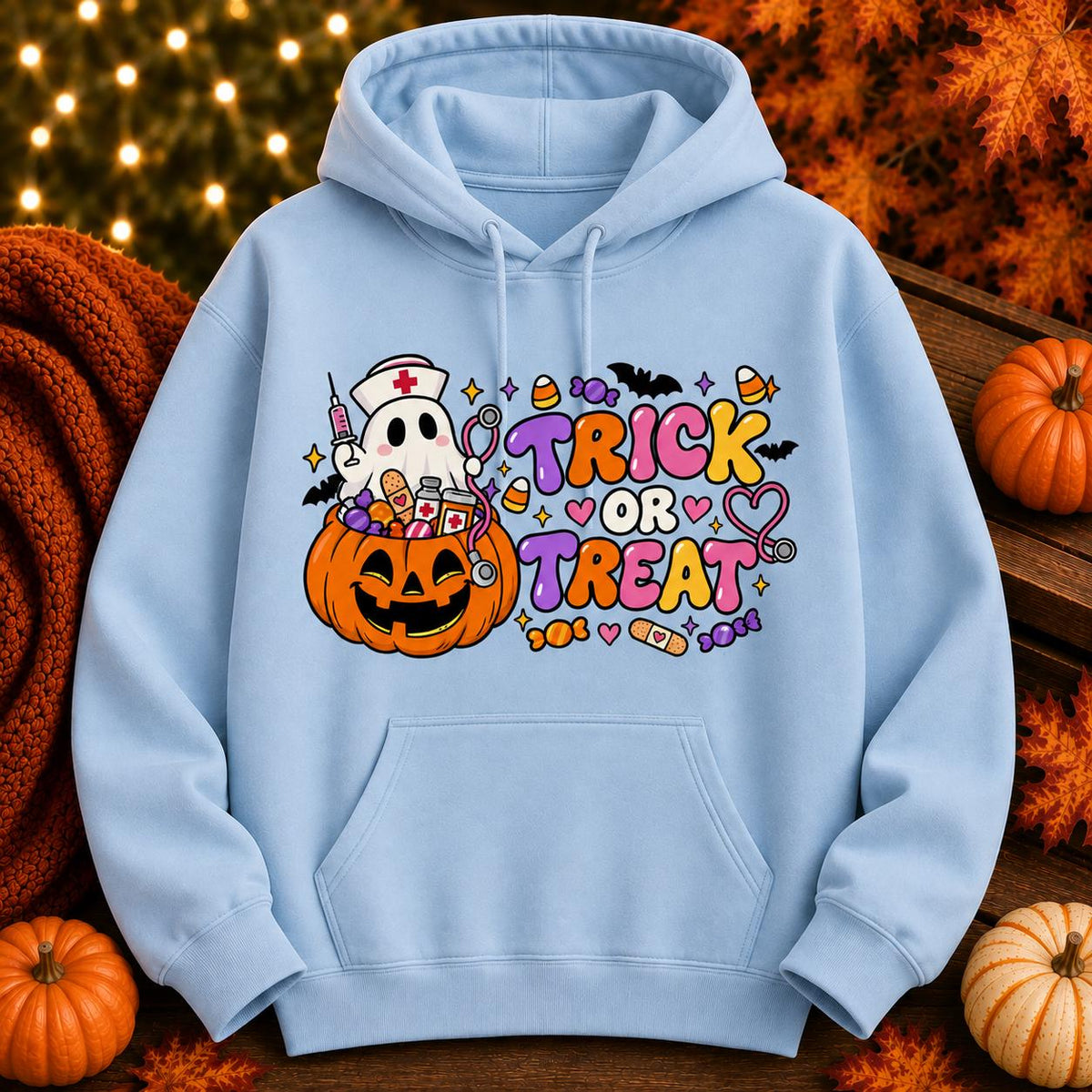 Spooky Nurse Halloween Sweatshirt, Ghost Pumpkin Trick or Treat Design