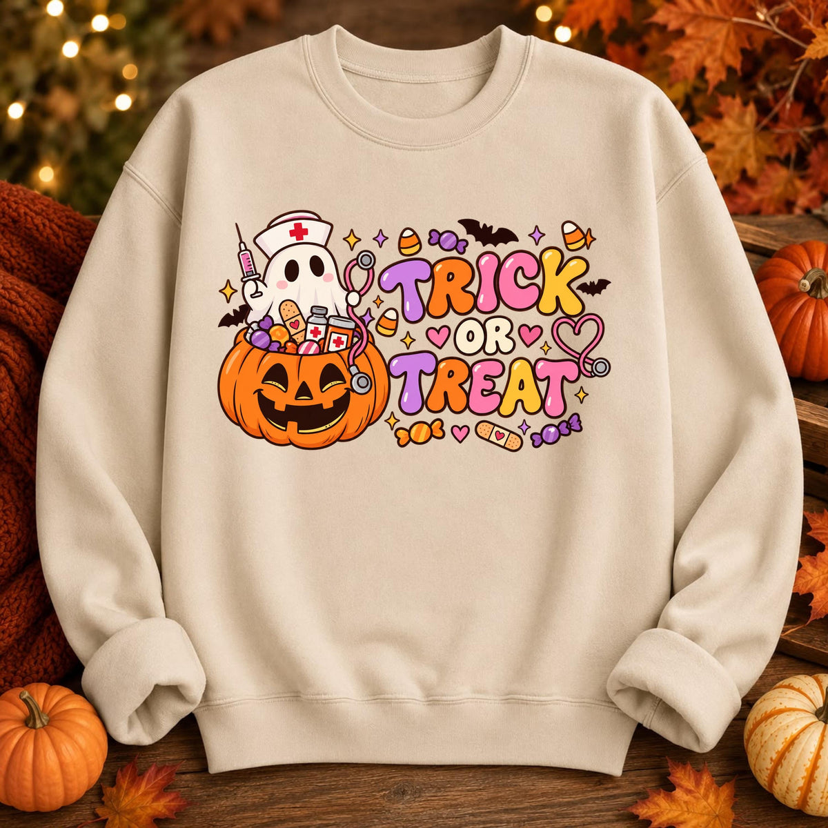 Spooky Nurse Halloween Sweatshirt, Ghost Pumpkin Trick or Treat Design