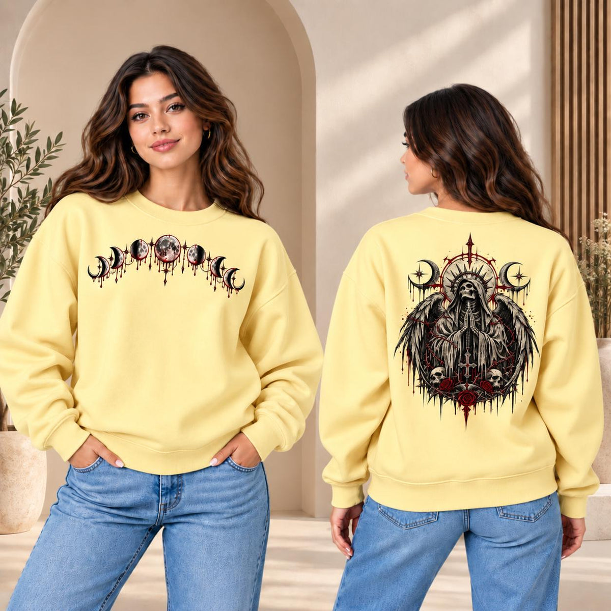 Gothic Reaper Hoodie, Grim Angel Sweatshirt, Moon Phase Tee, Dark Rose Skeleton, Alternative Streetwear