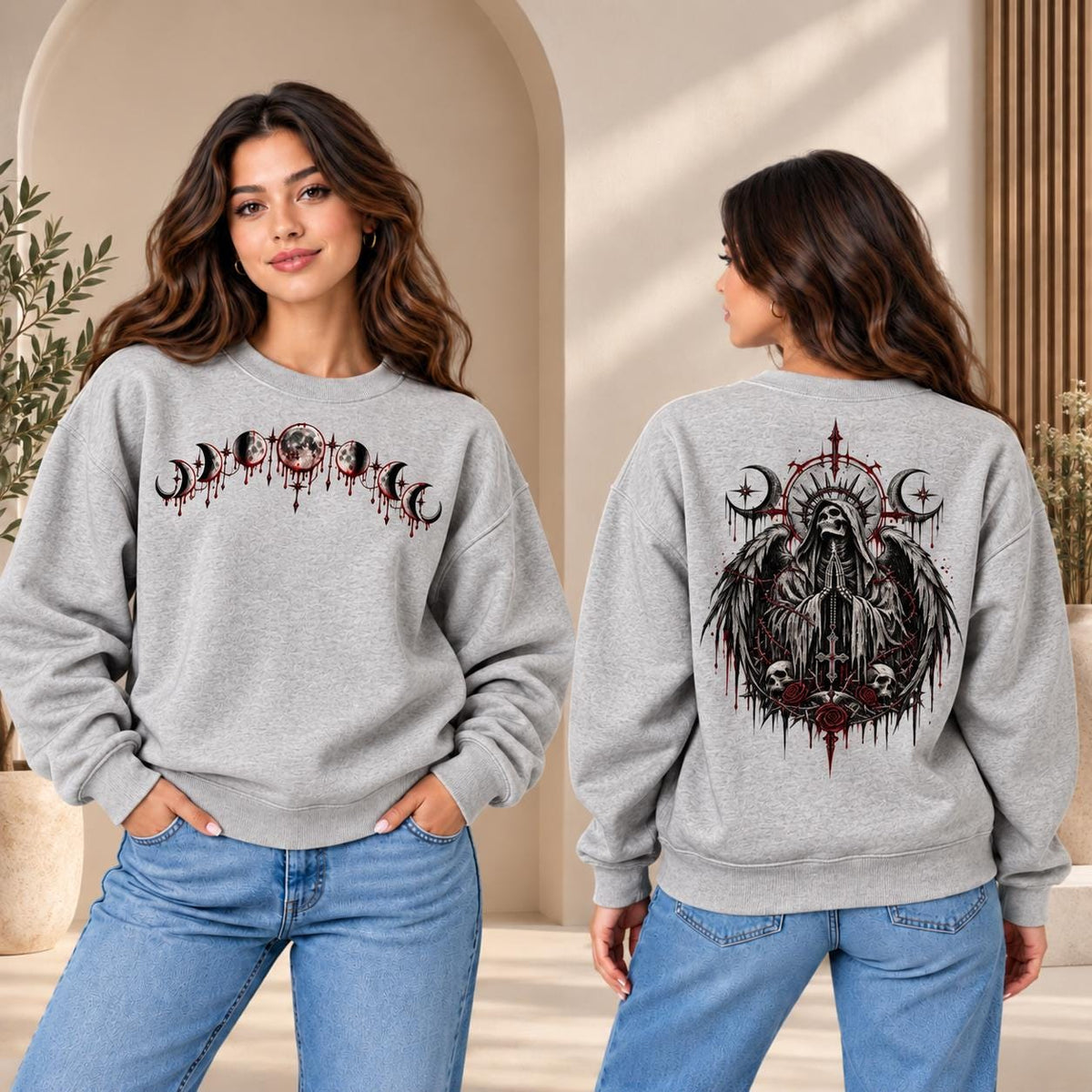 Gothic Reaper Hoodie, Grim Angel Sweatshirt, Moon Phase Tee, Dark Rose Skeleton, Alternative Streetwear
