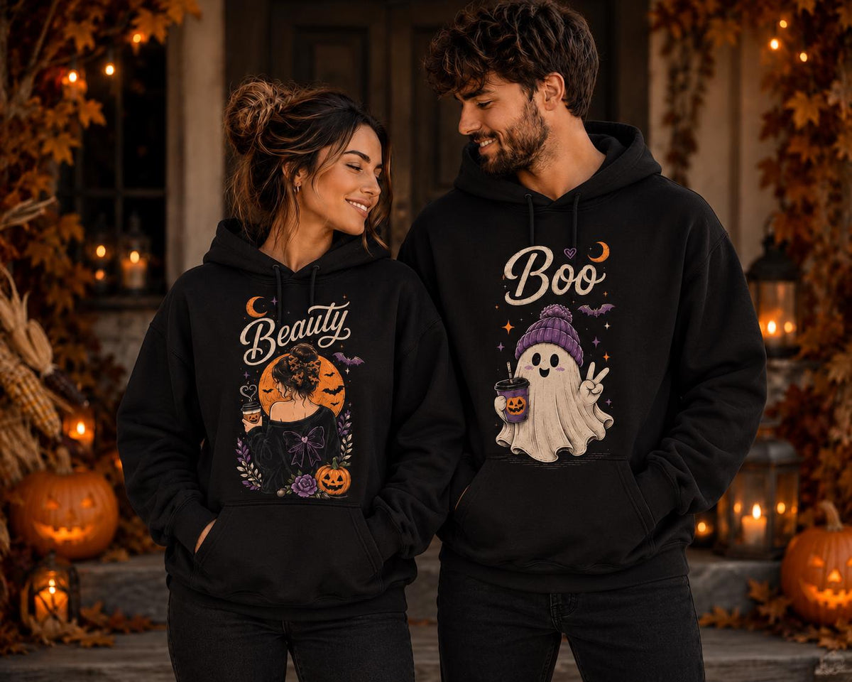 Matching Halloween Couple Sweatshirt, His Boo Her Beauty Hoodie, Spooky Ghost Tee, Cute Fall Couple Outfit, Dark Streetwear, Spooky Couple