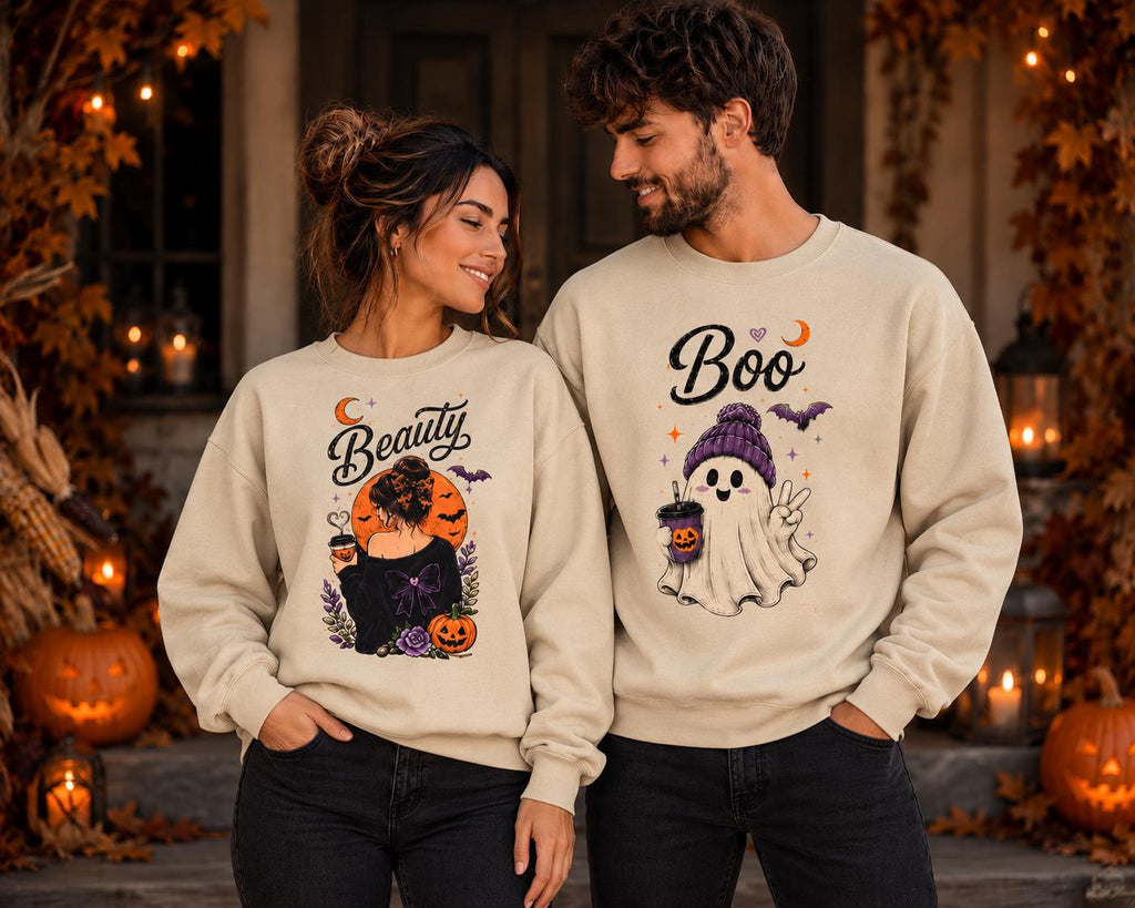 Matching Halloween Couple Sweatshirt, His Boo Her Beauty Hoodie, Spooky Ghost Tee, Cute Fall Couple Outfit, Dark Streetwear, Spooky Couple