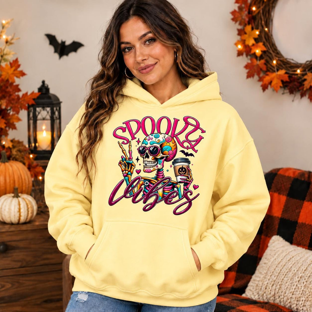 Spooky Skeleton Coffee Hoodie, Colorful Skull Graphic, Retro Goth Streetwear