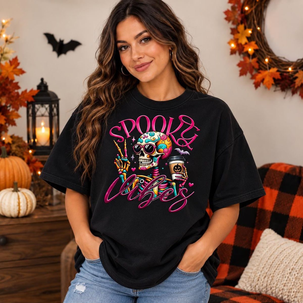 Spooky Skeleton Coffee Hoodie, Colorful Skull Graphic, Retro Goth Streetwear