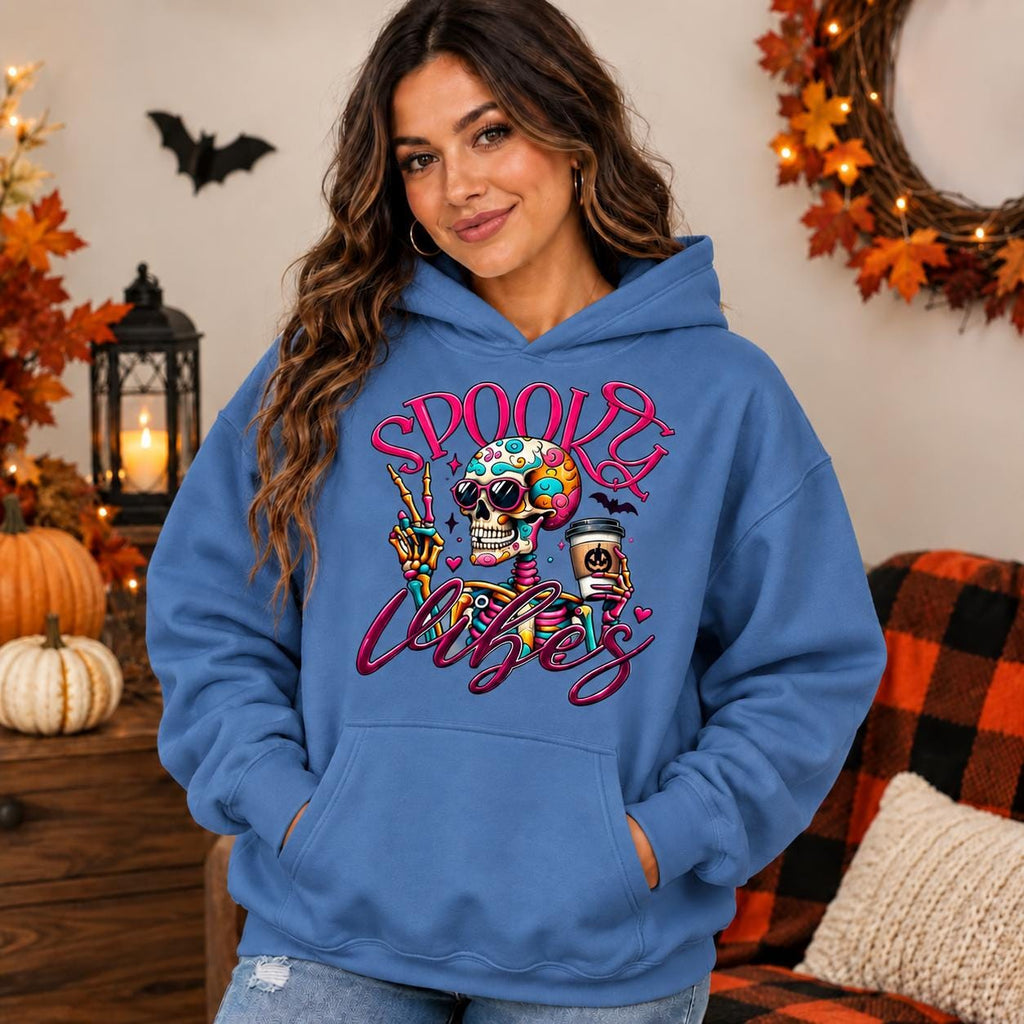 Spooky Skeleton Coffee Hoodie, Colorful Skull Graphic, Retro Goth Streetwear