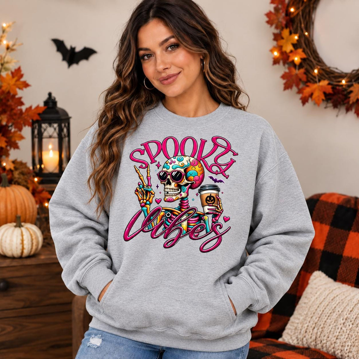 Spooky Skeleton Coffee Hoodie, Colorful Skull Graphic, Retro Goth Streetwear