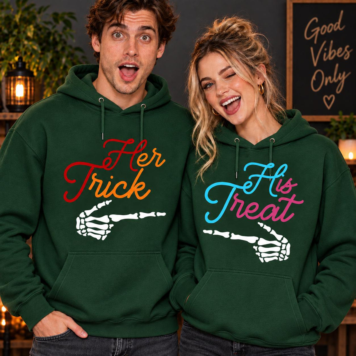 Trick Treat Couple Hoodie, Halloween Matching Sweatshirt, Skeleton Hand Tee, Spooky His Hers Outfit
