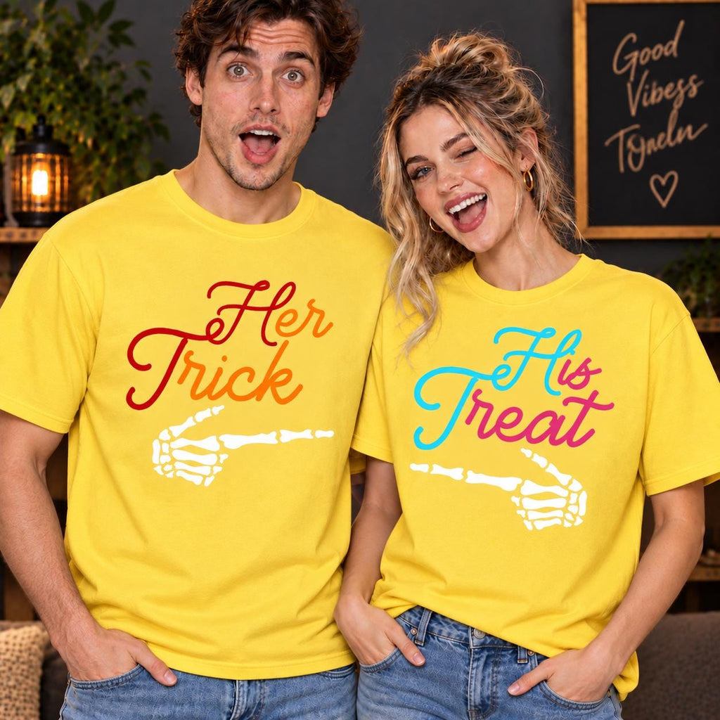 Trick Treat Couple Hoodie, Halloween Matching Sweatshirt, Skeleton Hand Tee, Spooky His Hers Outfit