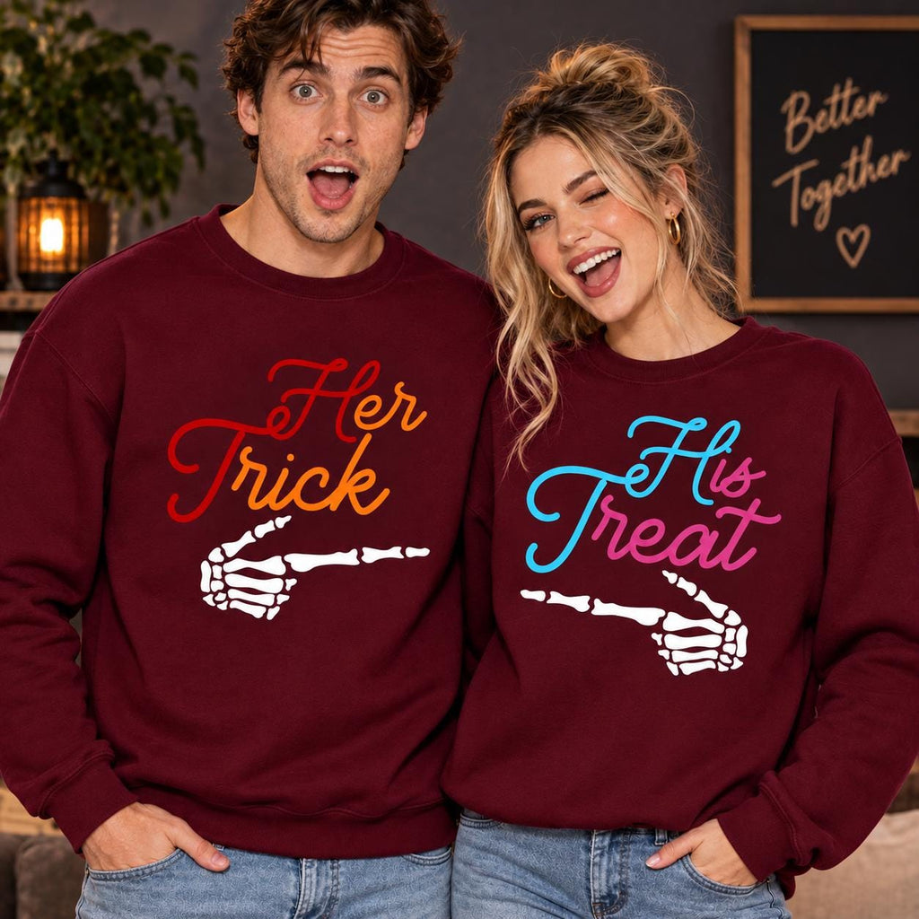 Trick Treat Couple Hoodie, Halloween Matching Sweatshirt, Skeleton Hand Tee, Spooky His Hers Outfit