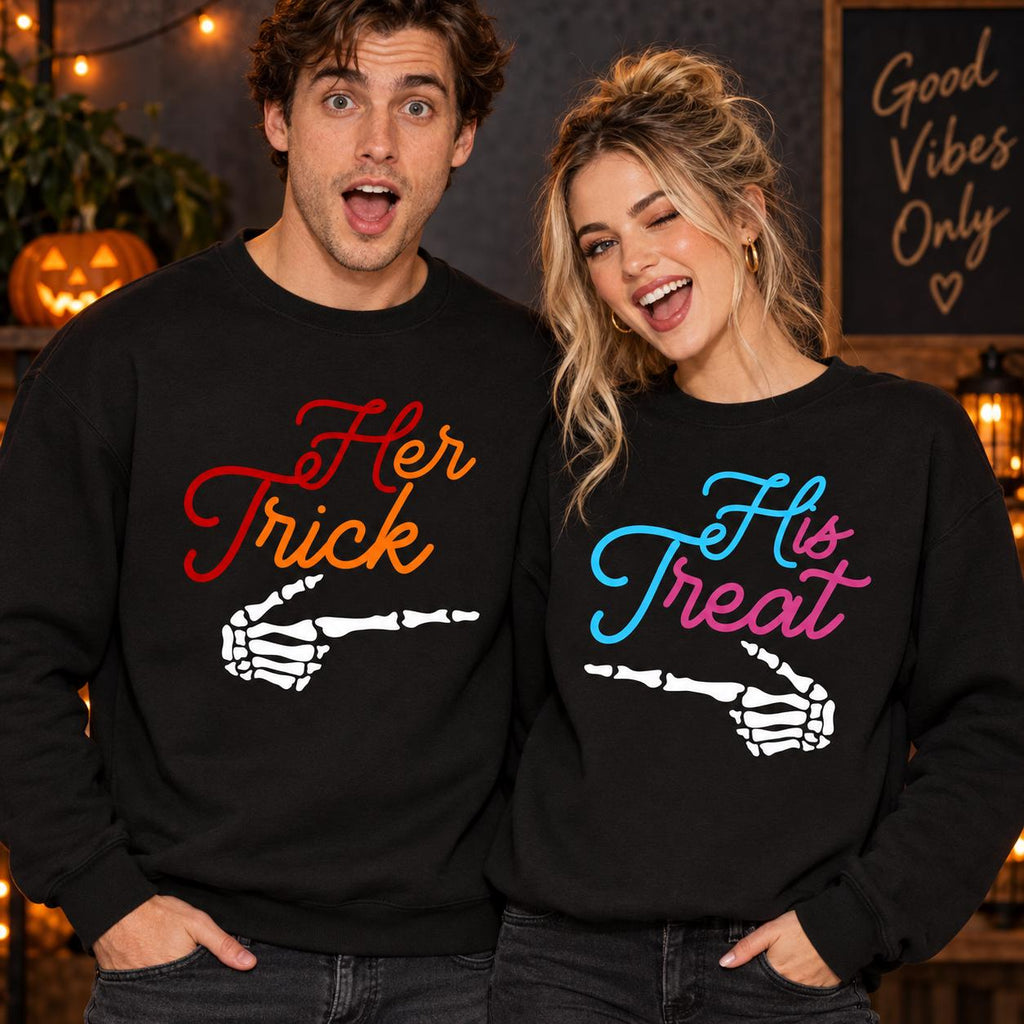 Trick Treat Couple Hoodie, Halloween Matching Sweatshirt, Skeleton Hand Tee, Spooky His Hers Outfit