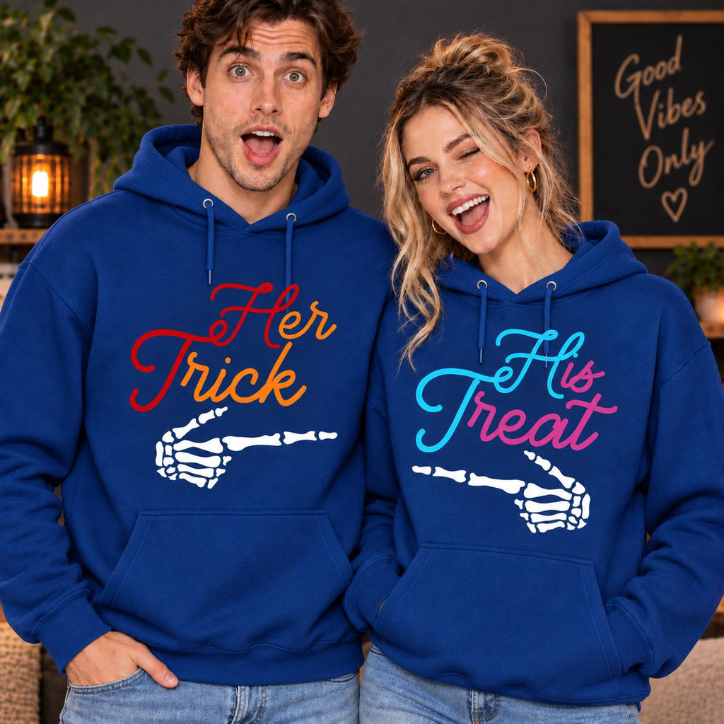 Trick Treat Couple Hoodie, Halloween Matching Sweatshirt, Skeleton Hand Tee, Spooky His Hers Outfit