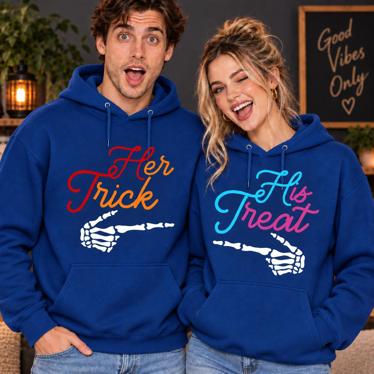 Trick Treat Couple Hoodie, Halloween Matching Sweatshirt, Skeleton Hand Tee, Spooky His Hers Outfit
