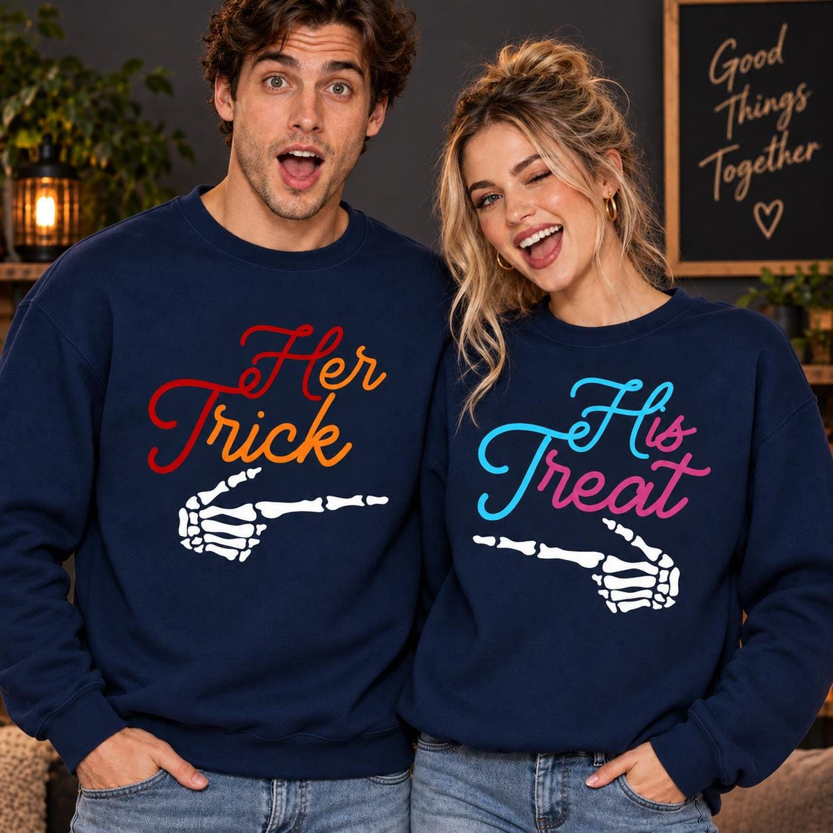 Trick Treat Couple Hoodie, Halloween Matching Sweatshirt, Skeleton Hand Tee, Spooky His Hers Outfit