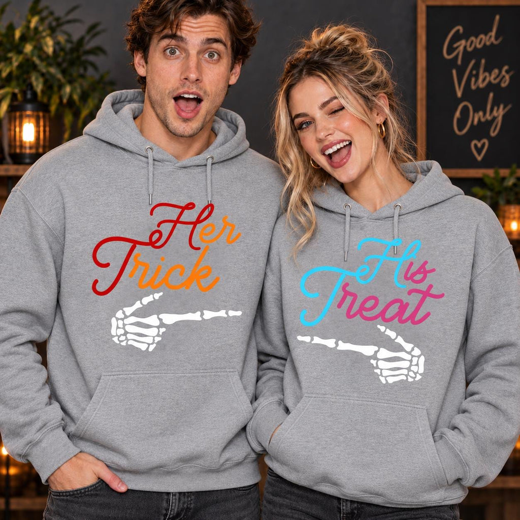 Trick Treat Couple Hoodie, Halloween Matching Sweatshirt, Skeleton Hand Tee, Spooky His Hers Outfit