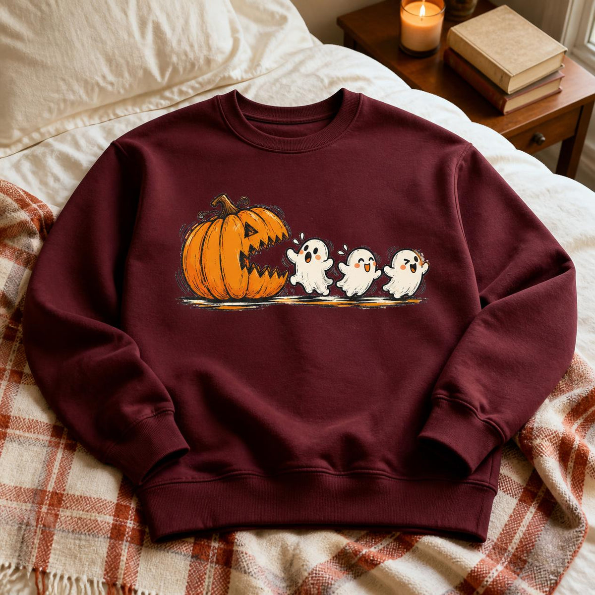 Pac-Man Ghost Pumpkin Spice Sweatshirt, Retro Halloween Apparel