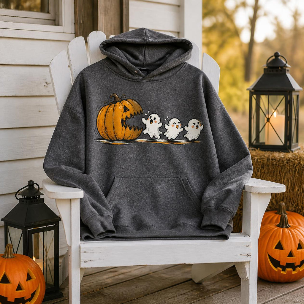 Pac-Man Ghost Pumpkin Spice Sweatshirt, Retro Halloween Apparel