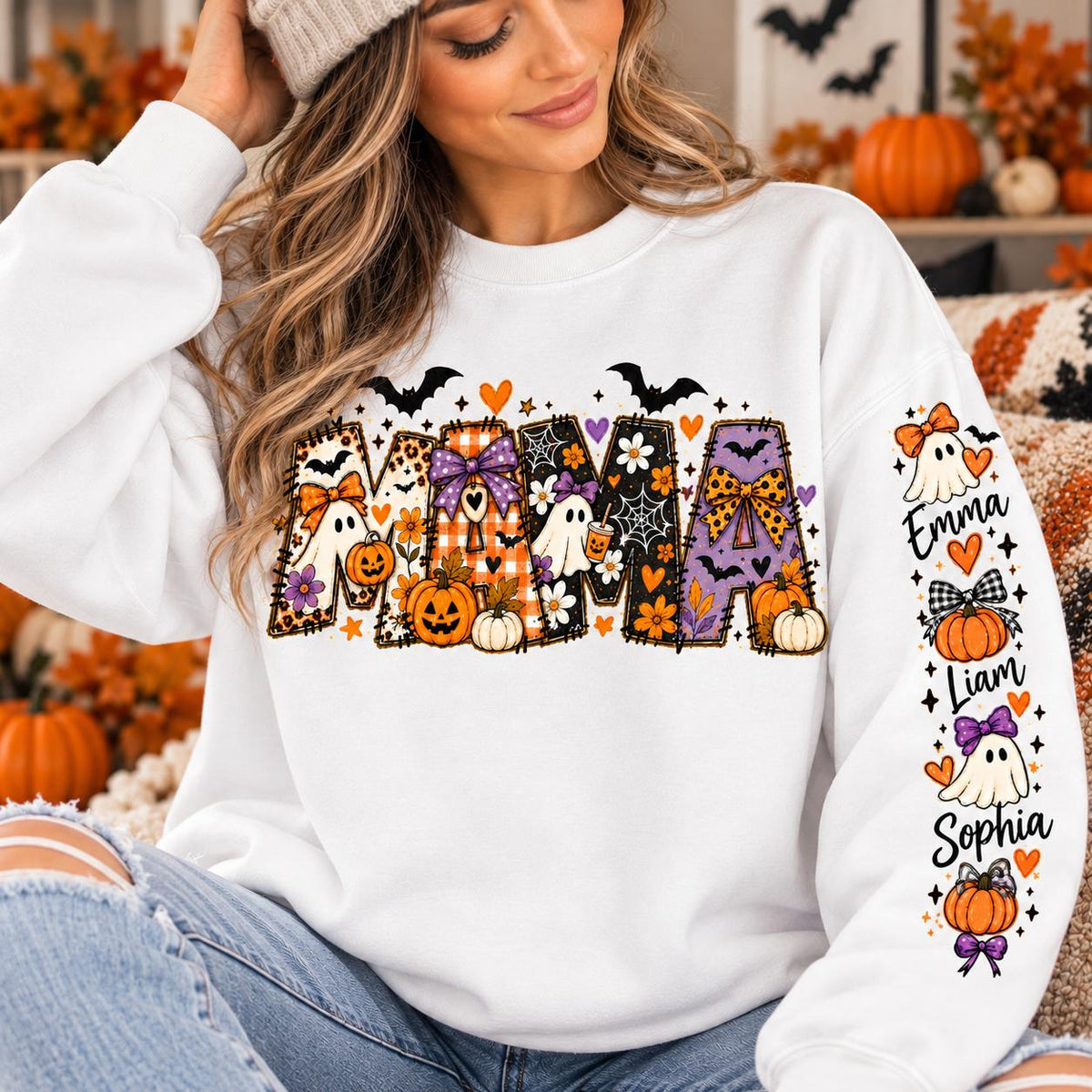 Comfort Colors® Personalized Halloween Sweater, Custom Baby Name Sweater, Auntie Halloween Shirt, Mama Spooky Sweatshirt, Nana Halloween Tee