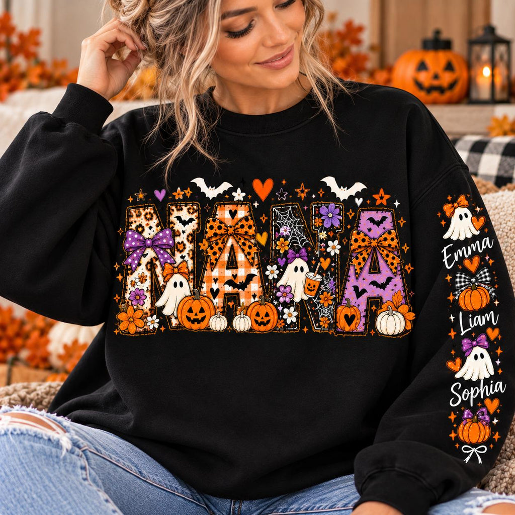 Comfort Colors® Personalized Halloween Sweater, Custom Baby Name Sweater, Auntie Halloween Shirt, Mama Spooky Sweatshirt, Nana Halloween Tee
