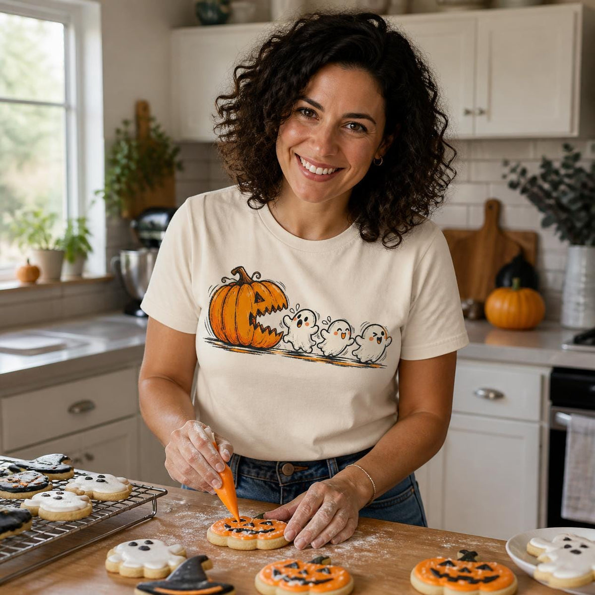 Pac-Man Ghost Pumpkin Spice Sweatshirt, Retro Halloween Apparel