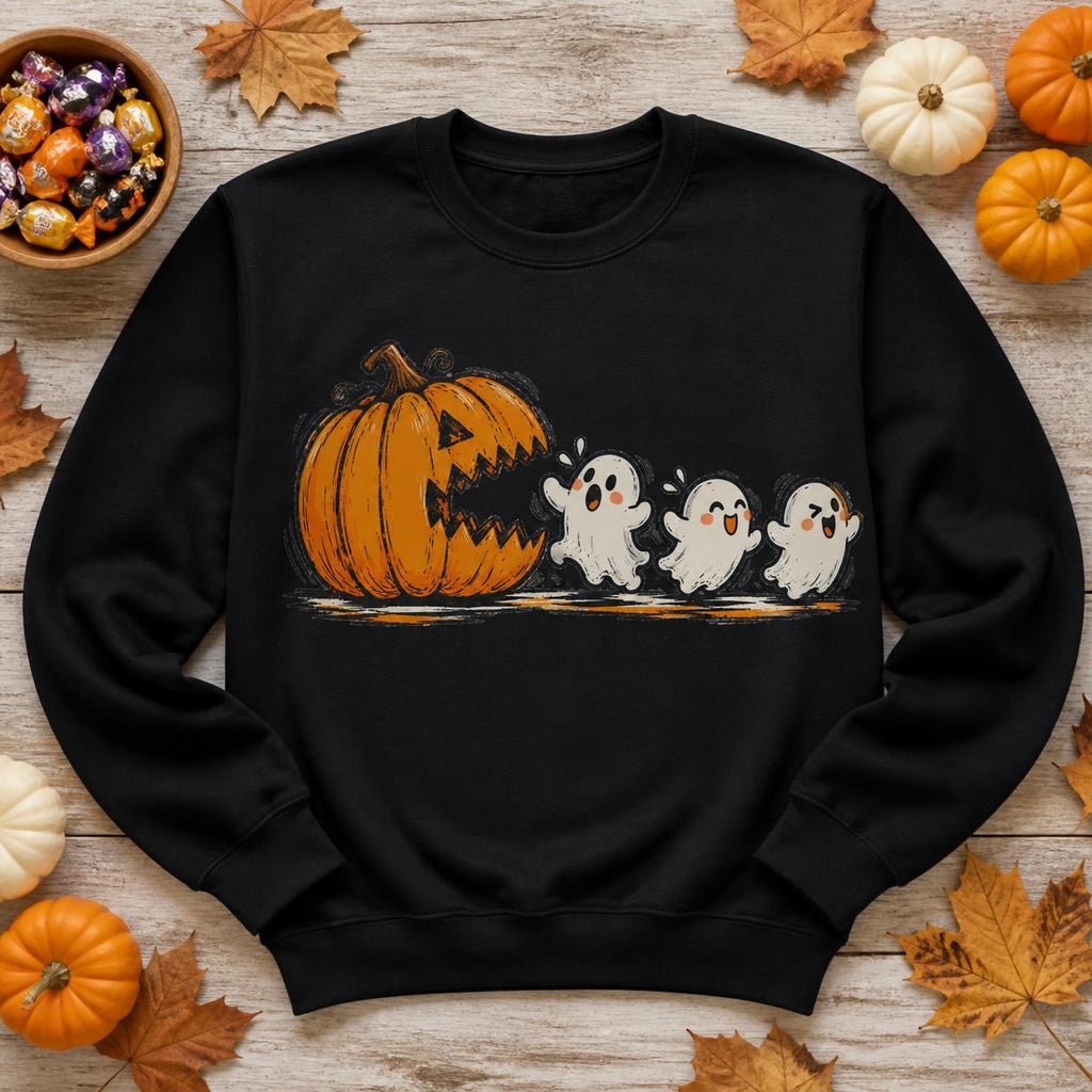 Pac-Man Ghost Pumpkin Spice Sweatshirt, Retro Halloween Apparel