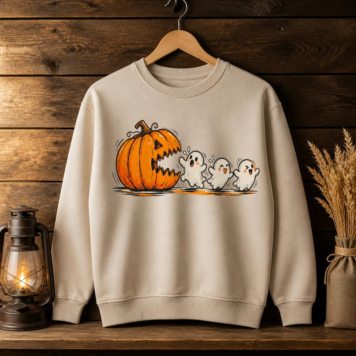 Pac-Man Ghost Pumpkin Spice Sweatshirt, Retro Halloween Apparel