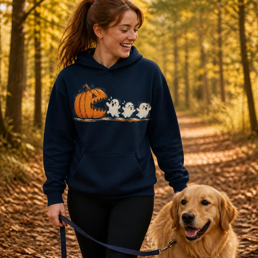 Pac-Man Ghost Pumpkin Spice Sweatshirt, Retro Halloween Apparel