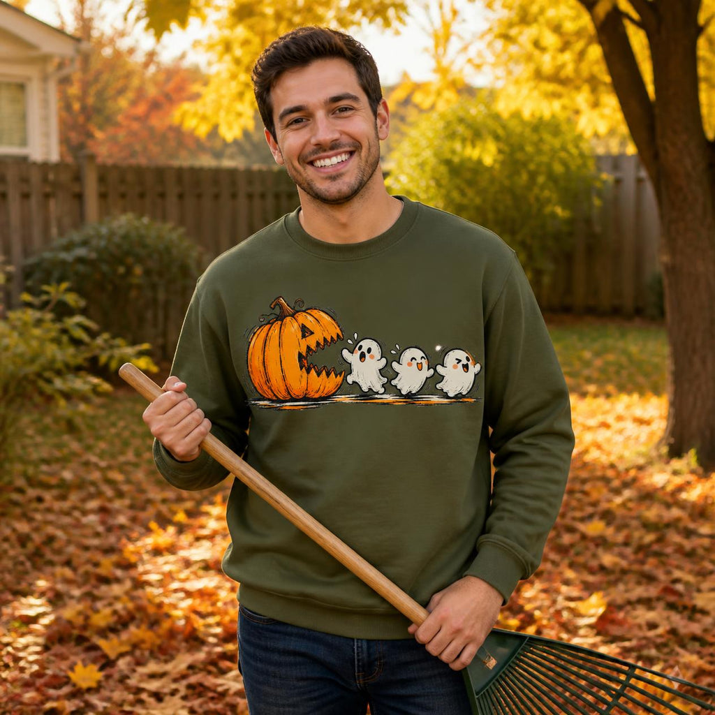 Pac-Man Ghost Pumpkin Spice Sweatshirt, Retro Halloween Apparel