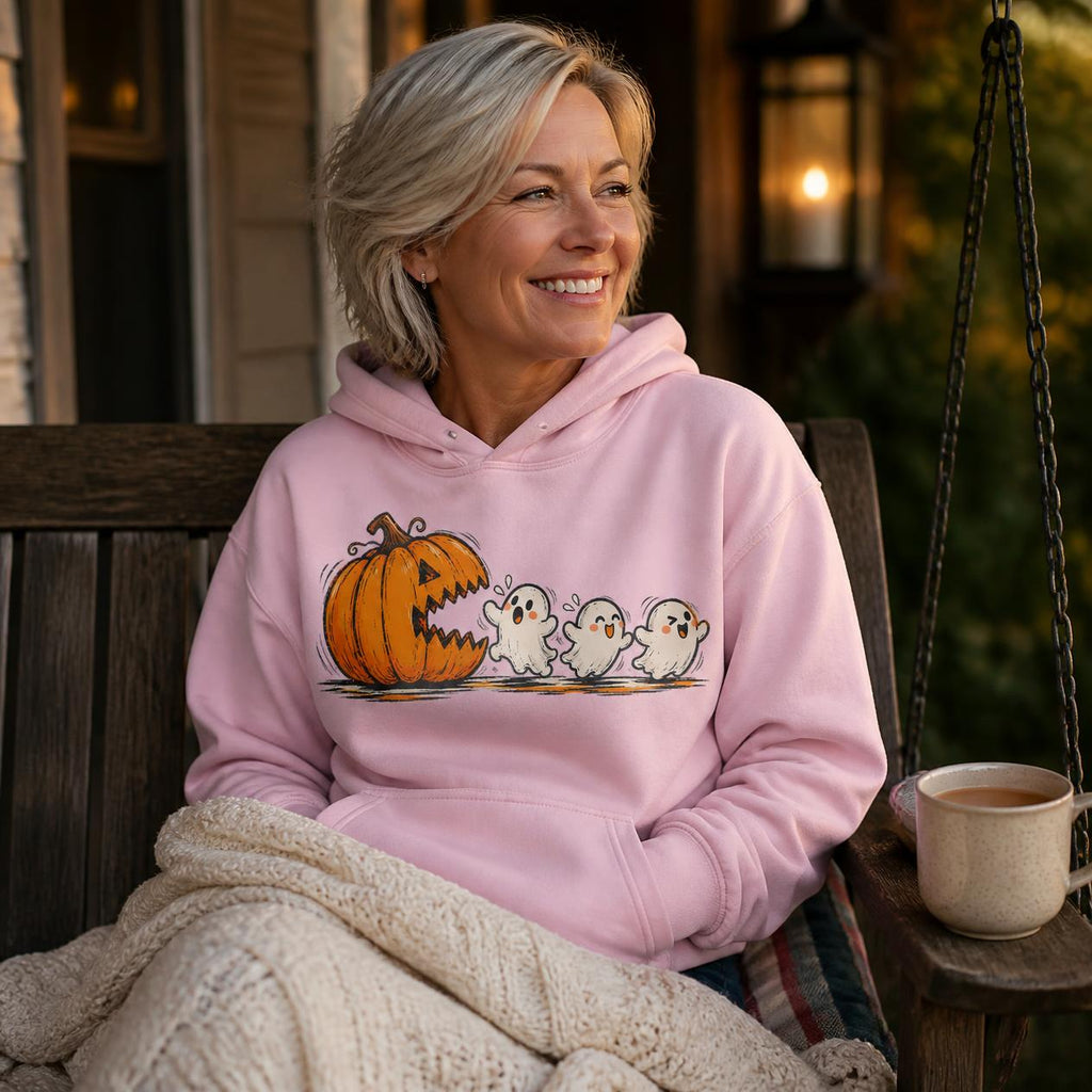 Pac-Man Ghost Pumpkin Spice Sweatshirt, Retro Halloween Apparel