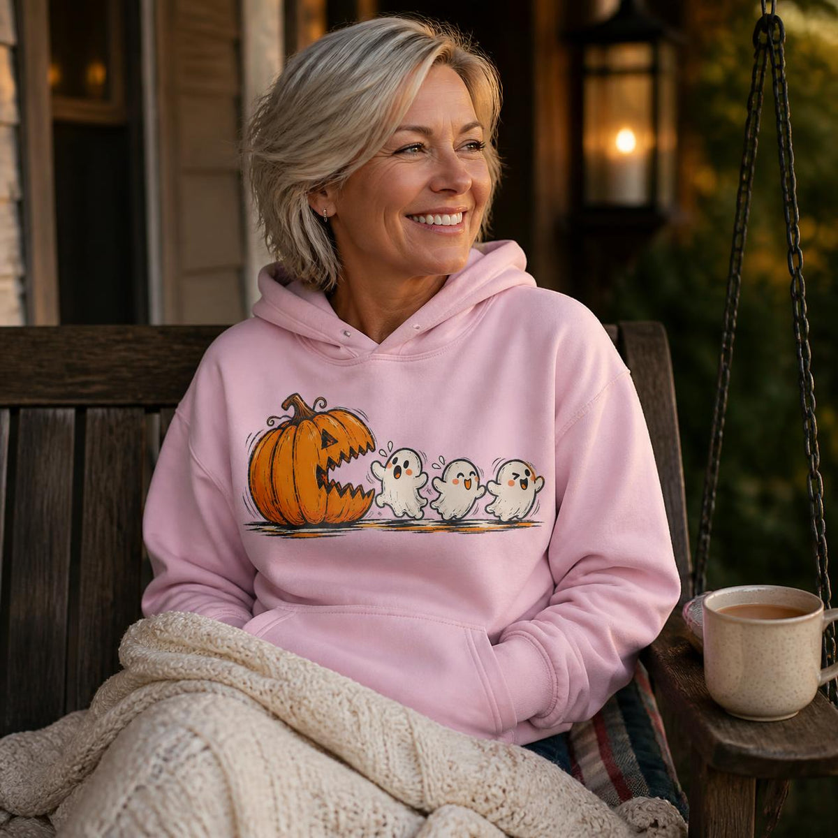 Pac-Man Ghost Pumpkin Spice Sweatshirt, Retro Halloween Apparel