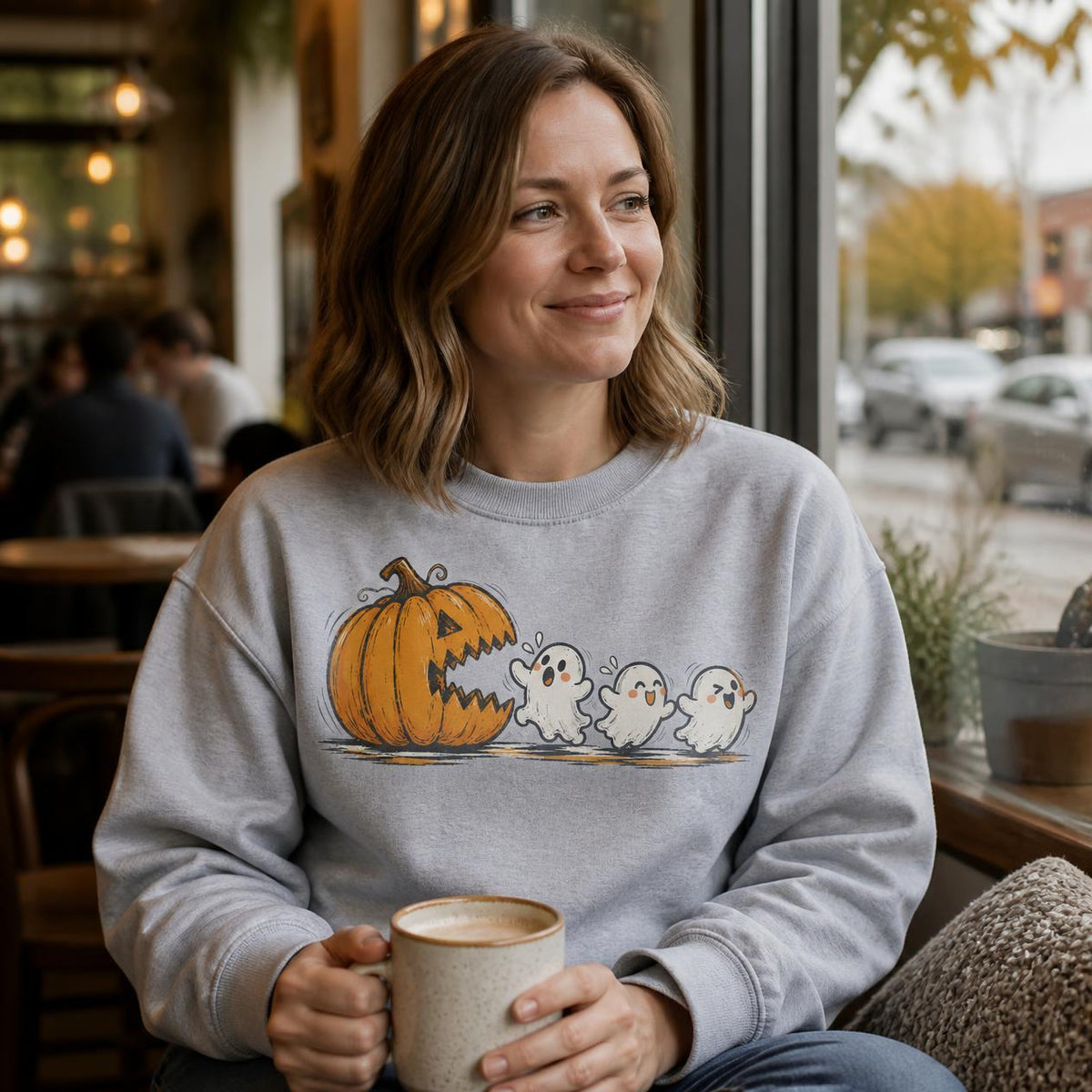 Pac-Man Ghost Pumpkin Spice Sweatshirt, Retro Halloween Apparel
