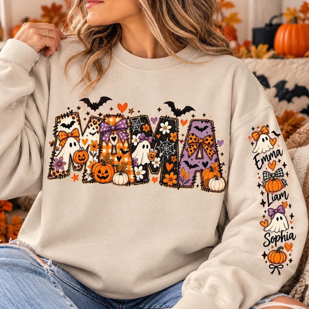 Comfort Colors® Personalized Halloween Sweater, Custom Baby Name Sweater, Auntie Halloween Shirt, Mama Spooky Sweatshirt, Nana Halloween Tee