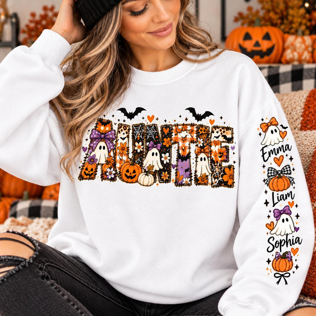 Comfort Colors® Personalized Halloween Sweater, Custom Baby Name Sweater, Auntie Halloween Shirt, Mama Spooky Sweatshirt, Nana Halloween Tee